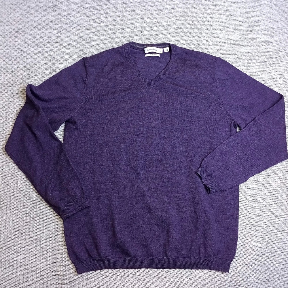 Calvin Klein V-Neck Sweater Mens L Purple Excellent Extra Fine Merino Wool